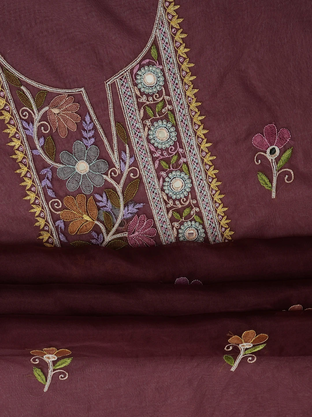 Ada Hand Embroidered Wine Organza Lucknowi Chikankari Unstitched Kurta Dupatta Set With Parsi Work 01A614879
