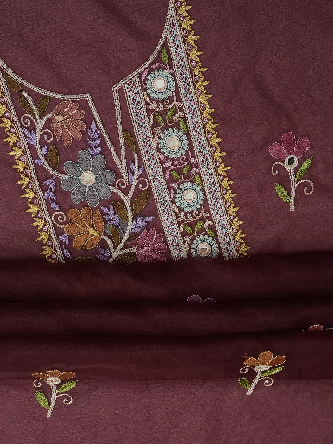 Ada Hand Embroidered Wine Organza Lucknowi Chikankari Unstitched Kurta Dupatta Set With Parsi Work 01A614879