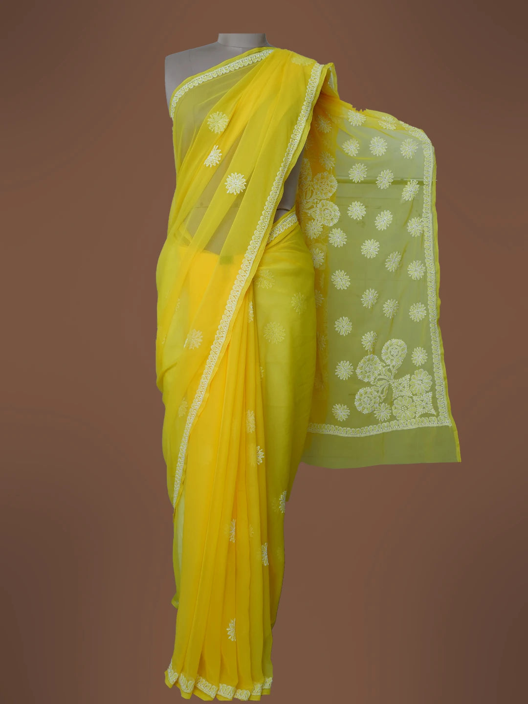Ada Hand Embroidered Yellow Georgette Lucknowi Chikankari Saree With Blouse 01A543037