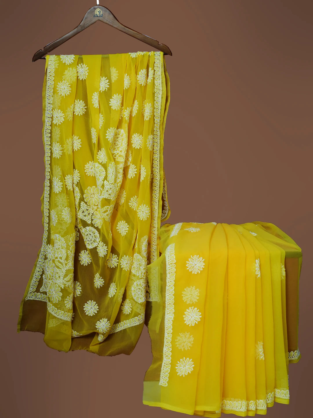 Ada Hand Embroidered Yellow Georgette Lucknowi Chikankari Saree With Blouse 01A543037