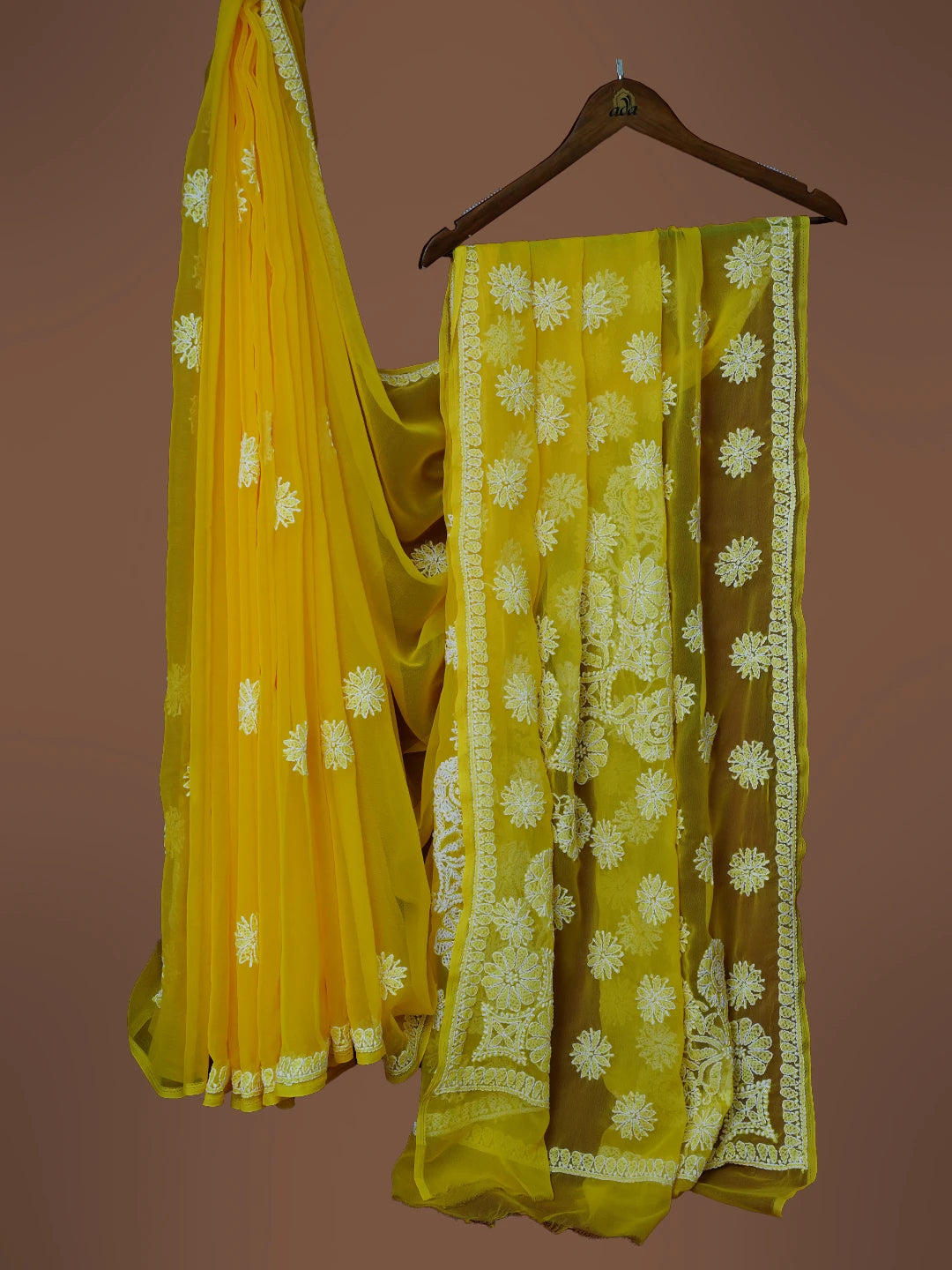 Ada Hand Embroidered Yellow Georgette Lucknowi Chikankari Saree With Blouse 01A543037