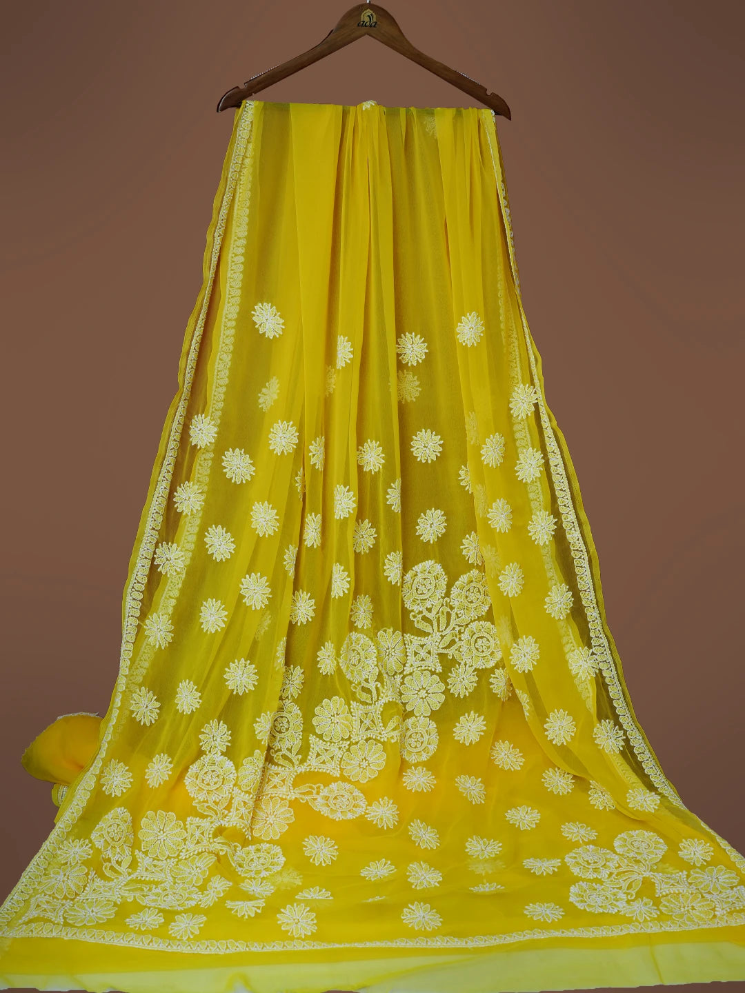 Ada Hand Embroidered Yellow Georgette Lucknowi Chikankari Saree With Blouse 01A543037