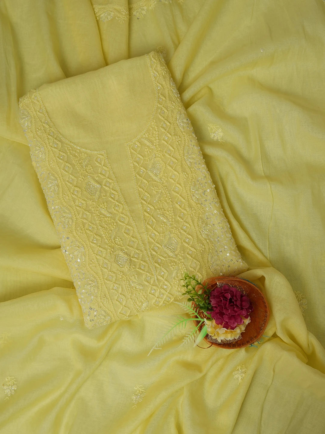 Ada Hand Embroidered Lemon Chanderi Lucknowi Chikankari Unstitched Kurta Dupatta Set With Cutdana Work 01A631635