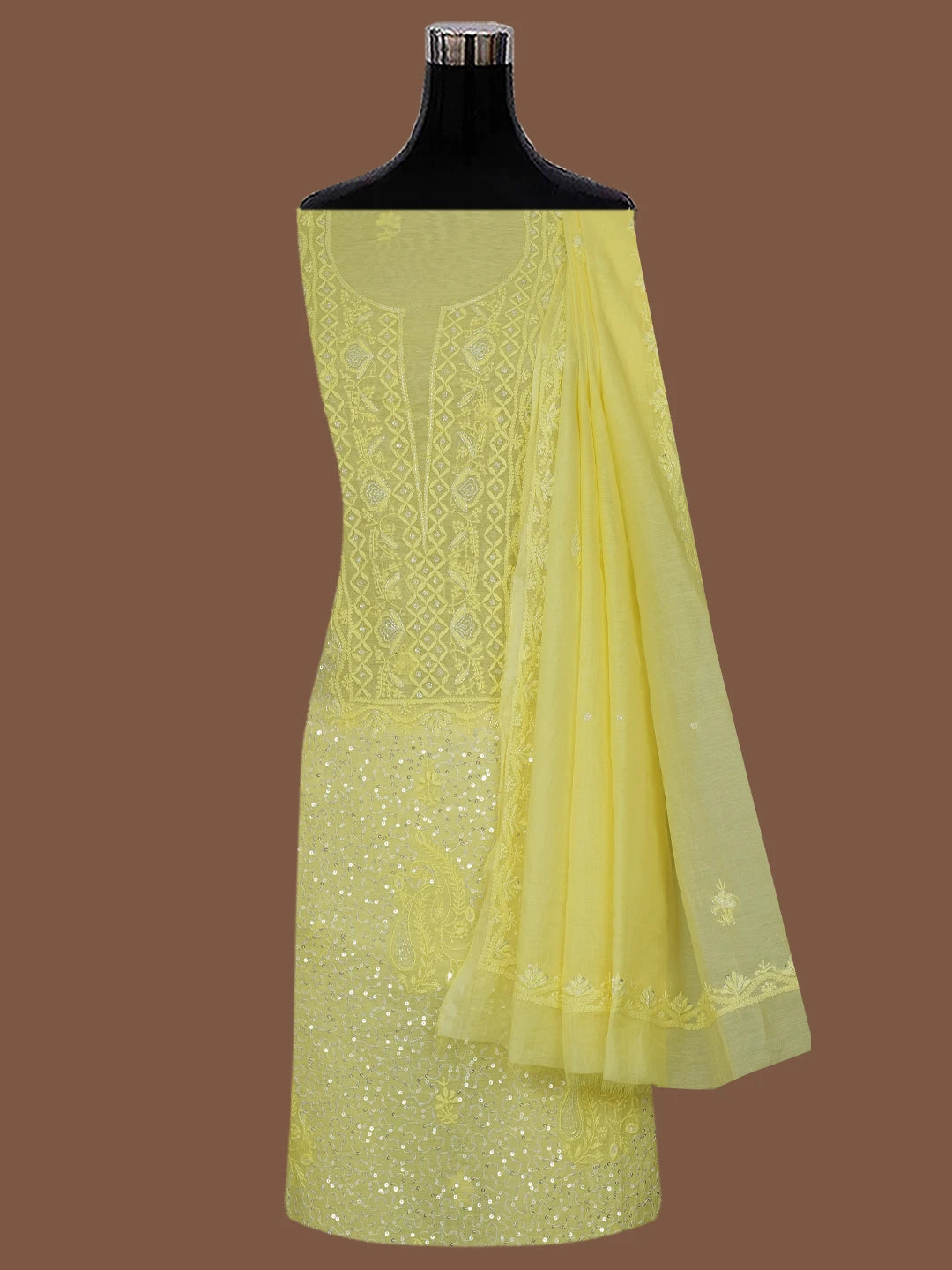 Ada Hand Embroidered Lemon Chanderi Lucknowi Chikankari Unstitched Kurta Dupatta Set With Cutdana Work 01A631635
