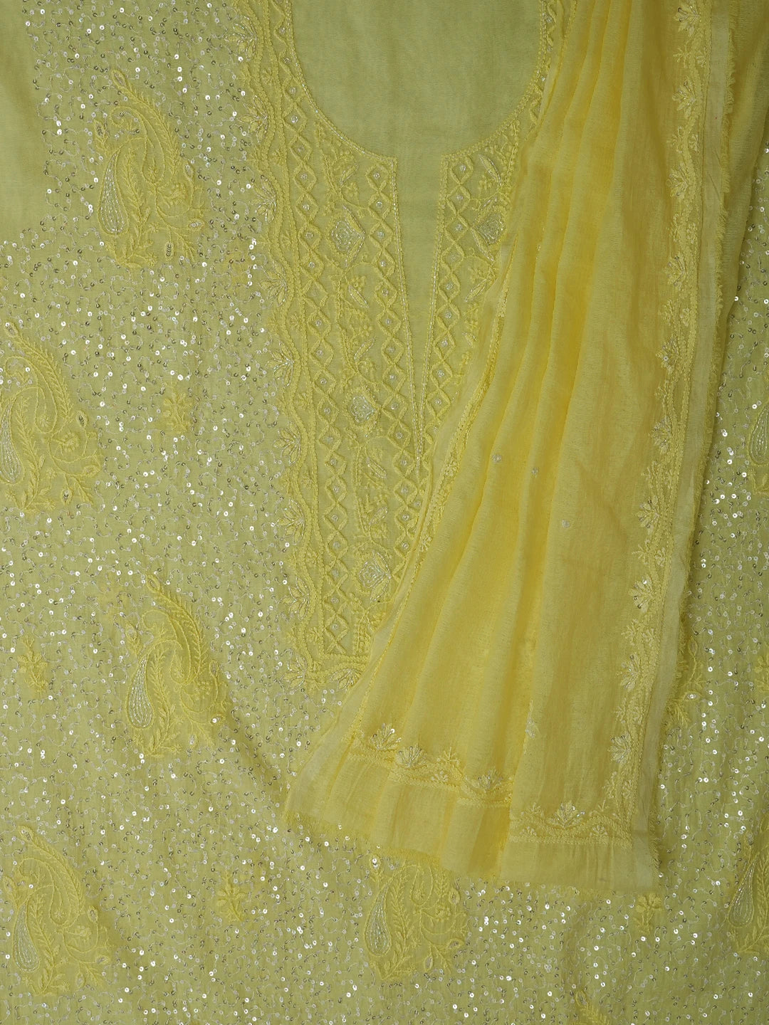 Ada Hand Embroidered Lemon Chanderi Lucknowi Chikankari Unstitched Kurta Dupatta Set With Cutdana Work 01A631635