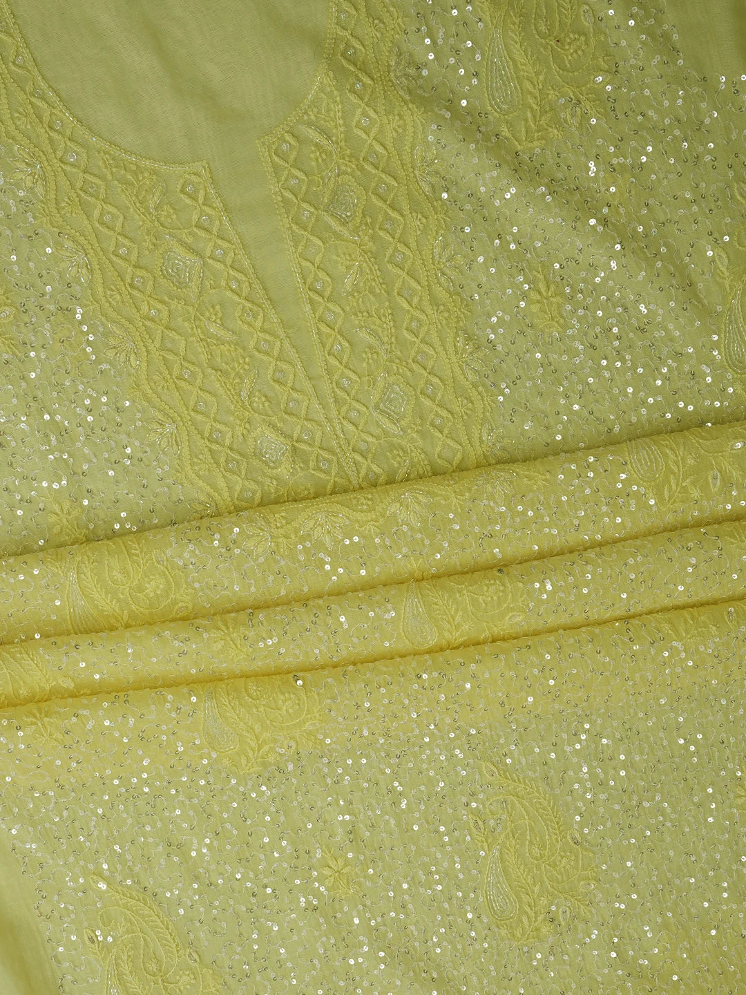 Ada Hand Embroidered Lemon Chanderi Lucknowi Chikankari Unstitched Kurta Dupatta Set With Cutdana Work 01A631635