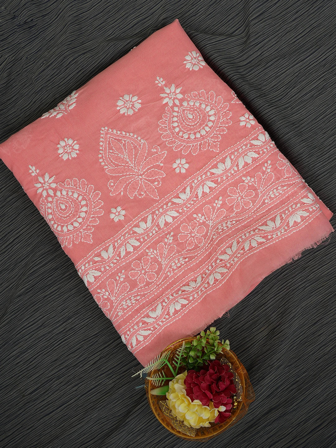 Ada Hand Embroidered Peach Cotton Lucknowi Chikankari Unstitched Kurta Piece 01A718487