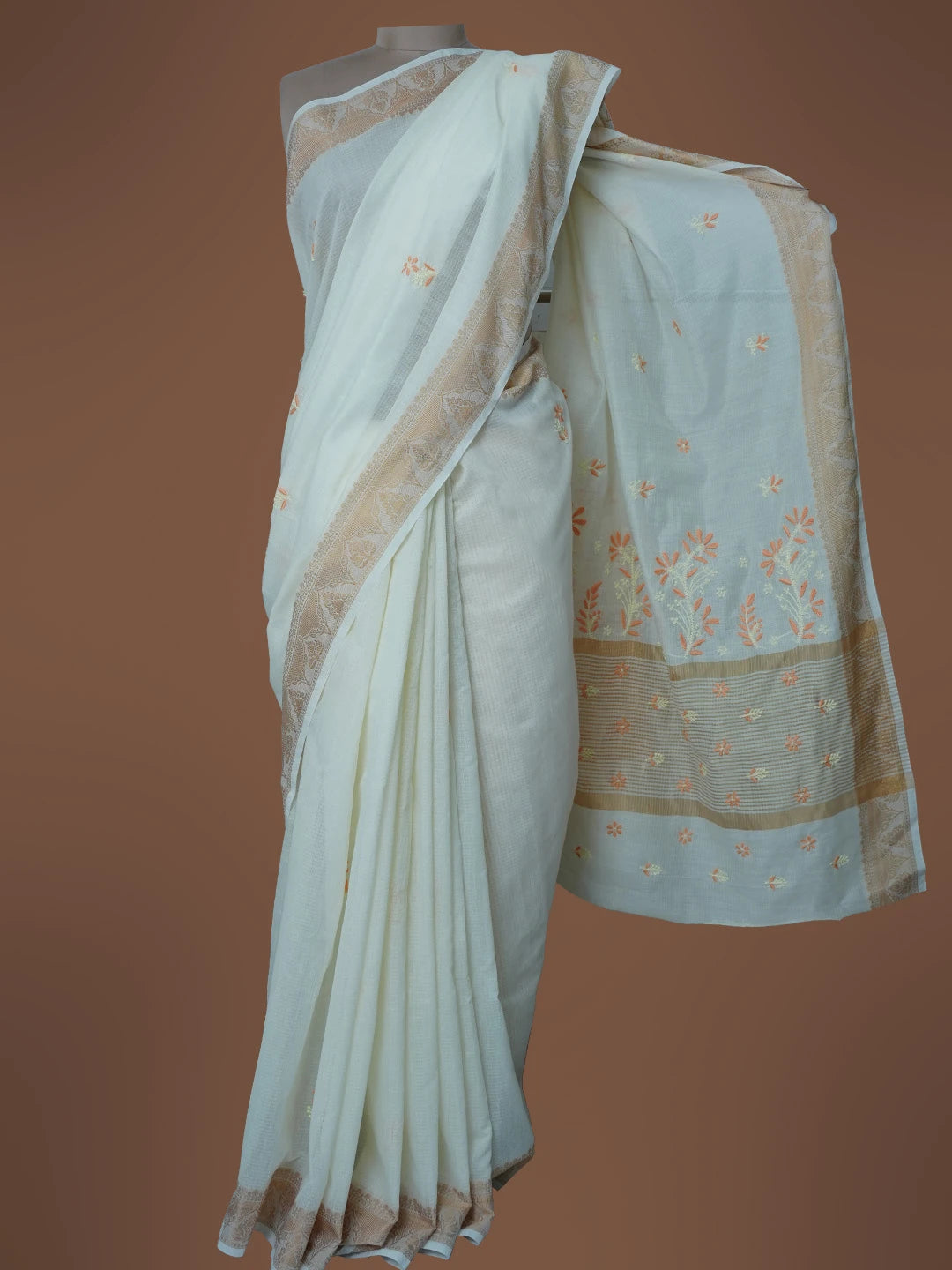 Ada Hand Embroidered White Chanderi Lucknowi Chikankari Saree With Blouse 01A565252
