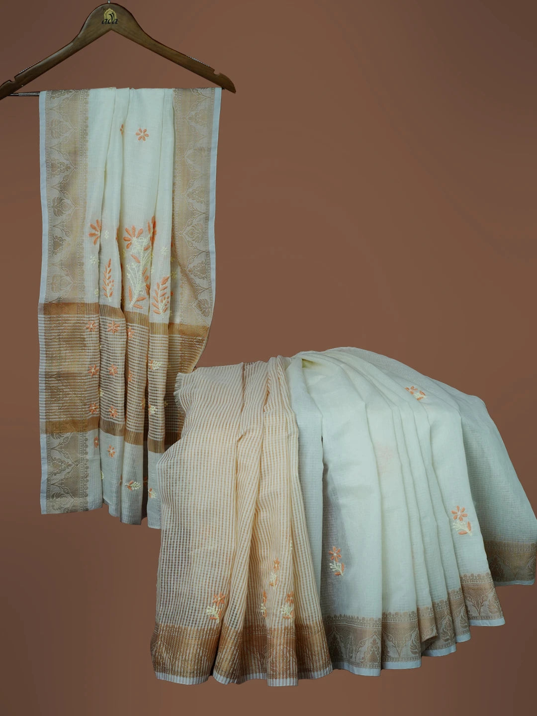 Ada Hand Embroidered White Chanderi Lucknowi Chikankari Saree With Blouse 01A565252