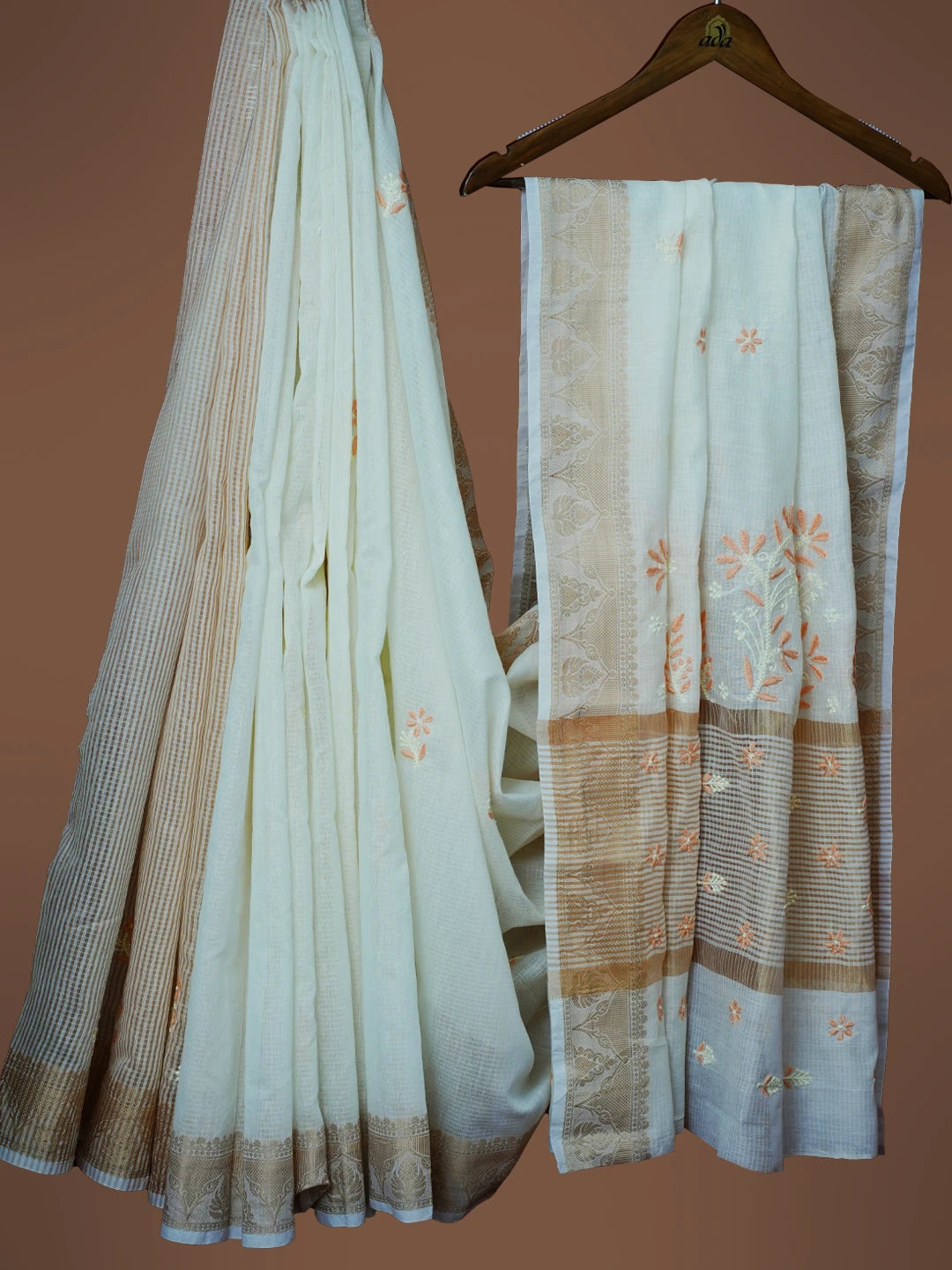 Ada Hand Embroidered White Chanderi Lucknowi Chikankari Saree With Blouse 01A565252