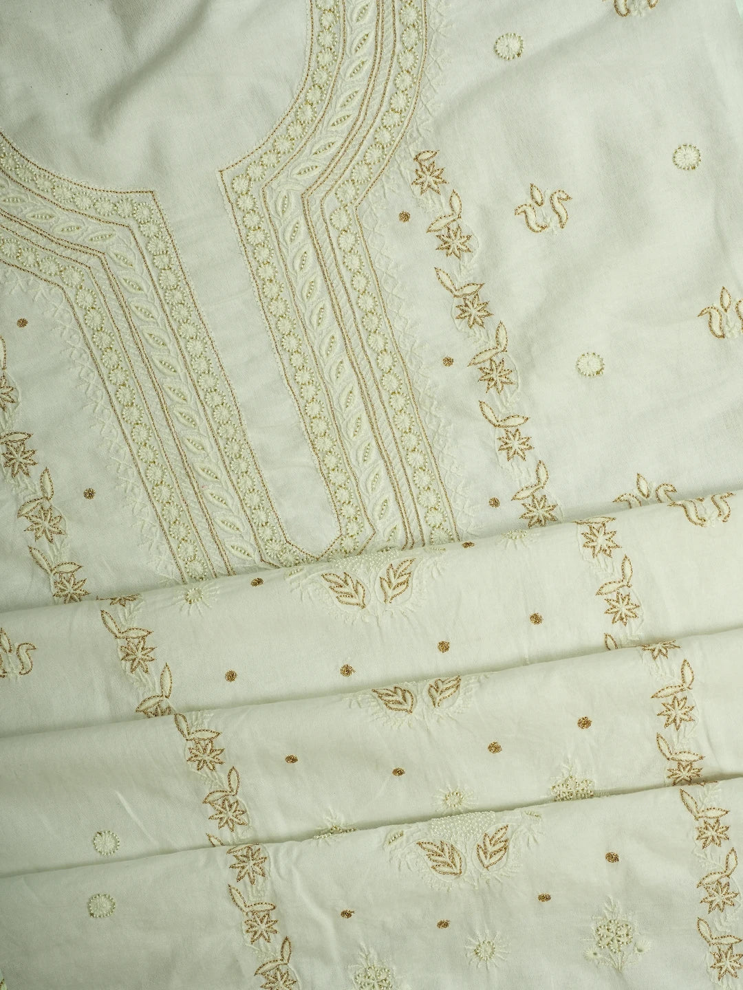 Ada Hand Embroidered White Cotton Lucknowi Chikankari Unstitched Kurta Piece With Pearl Work 01A67518