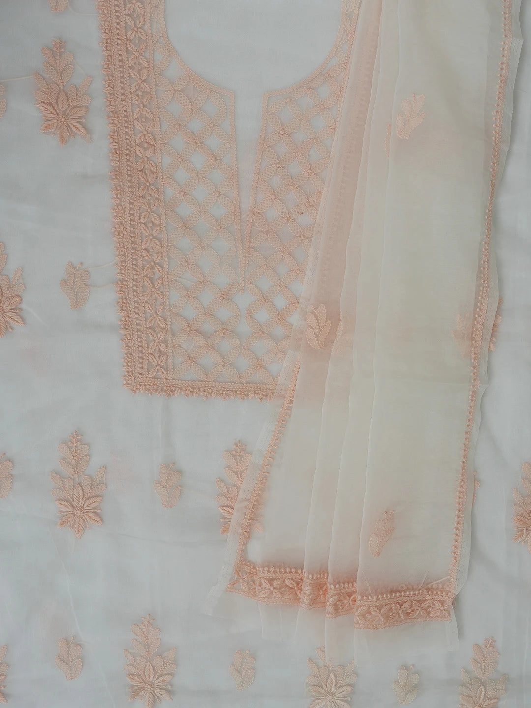 Ada Hand Embroidered White Smoke Organza Lucknowi Chikankari Unstitched Kurta Dupatta Set 01A718574