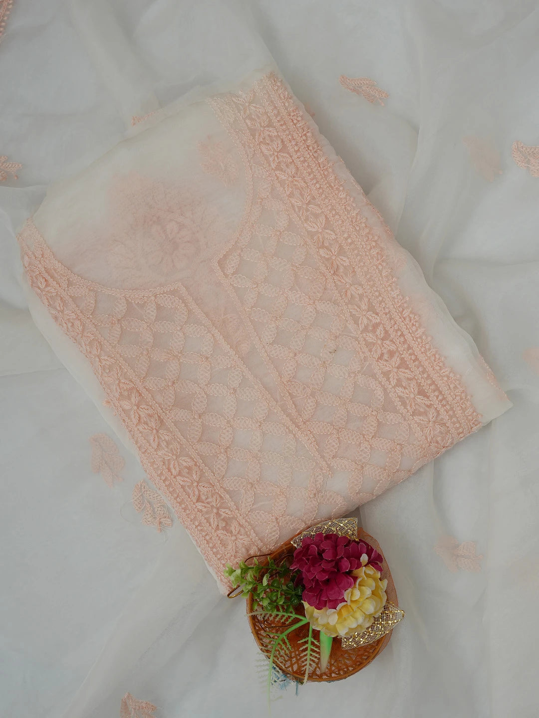 Ada Hand Embroidered White Smoke Organza Lucknowi Chikankari Unstitched Kurta Dupatta Set 01A718574