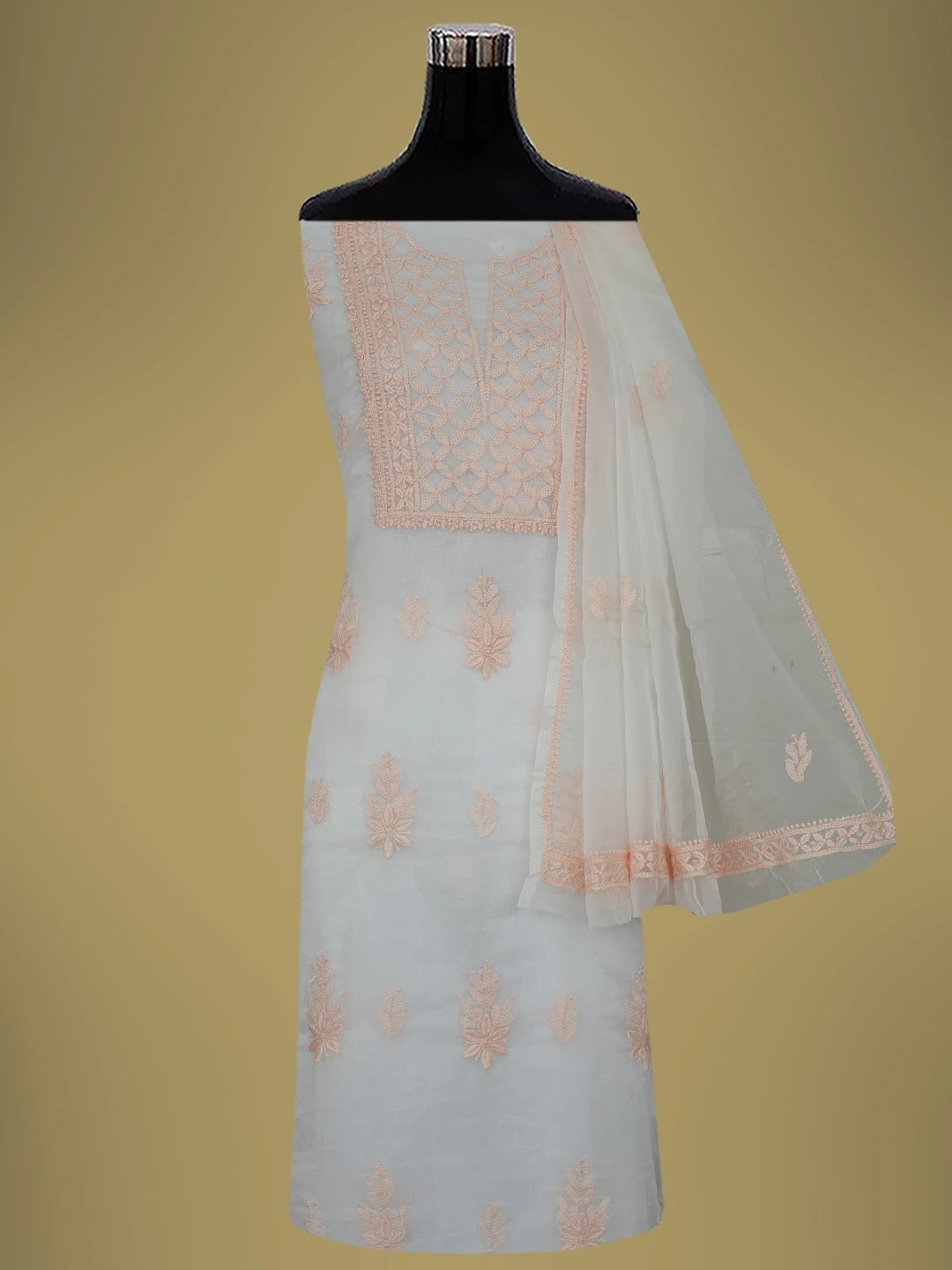 Ada Hand Embroidered White Smoke Organza Lucknowi Chikankari Unstitched Kurta Dupatta Set 01A718574