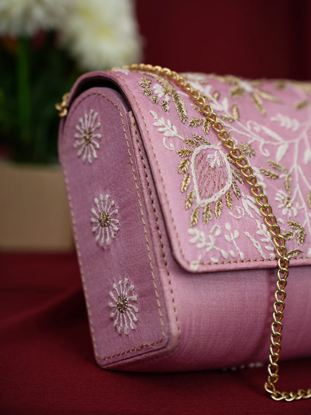 Ada Hand Embroidered Pink Silk Lucknowi Chikankari Clutch With Zari Work 01A685790