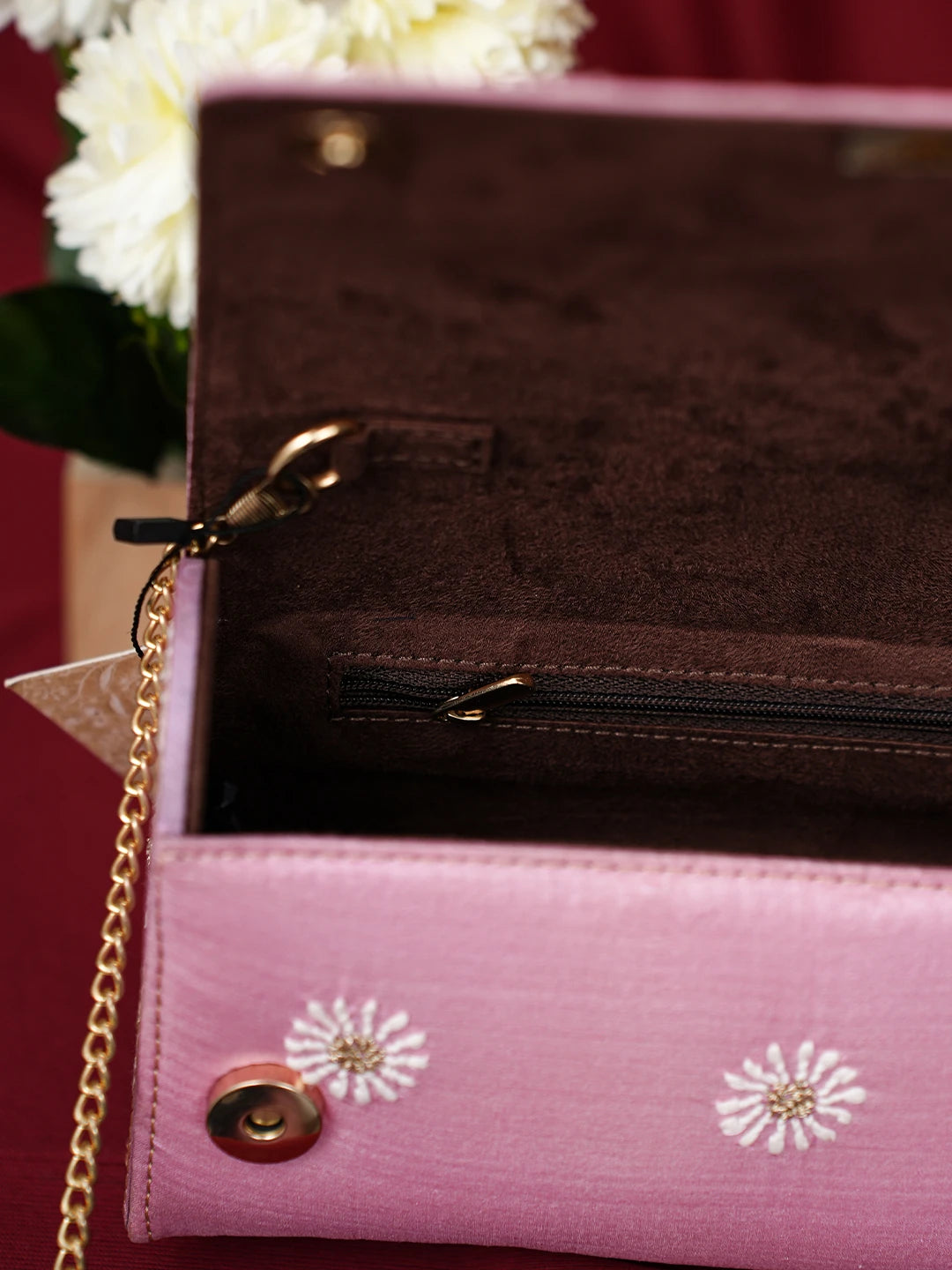 Ada Hand Embroidered Pink Silk Lucknowi Chikankari Clutch With Zari Work 01A685790