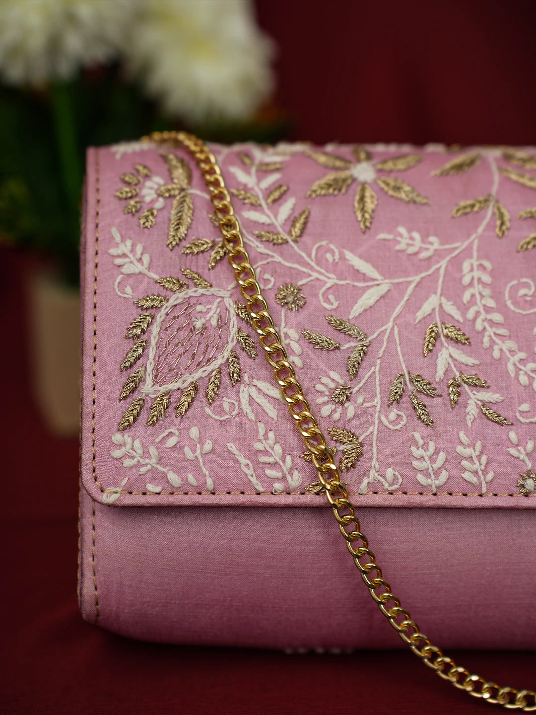 Ada Hand Embroidered Pink Silk Lucknowi Chikankari Clutch With Zari Work 01A685790