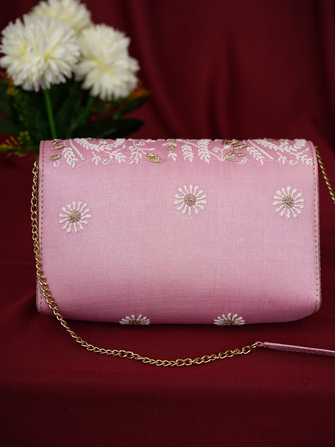Ada Hand Embroidered Pink Silk Lucknowi Chikankari Clutch With Zari Work 01A685790