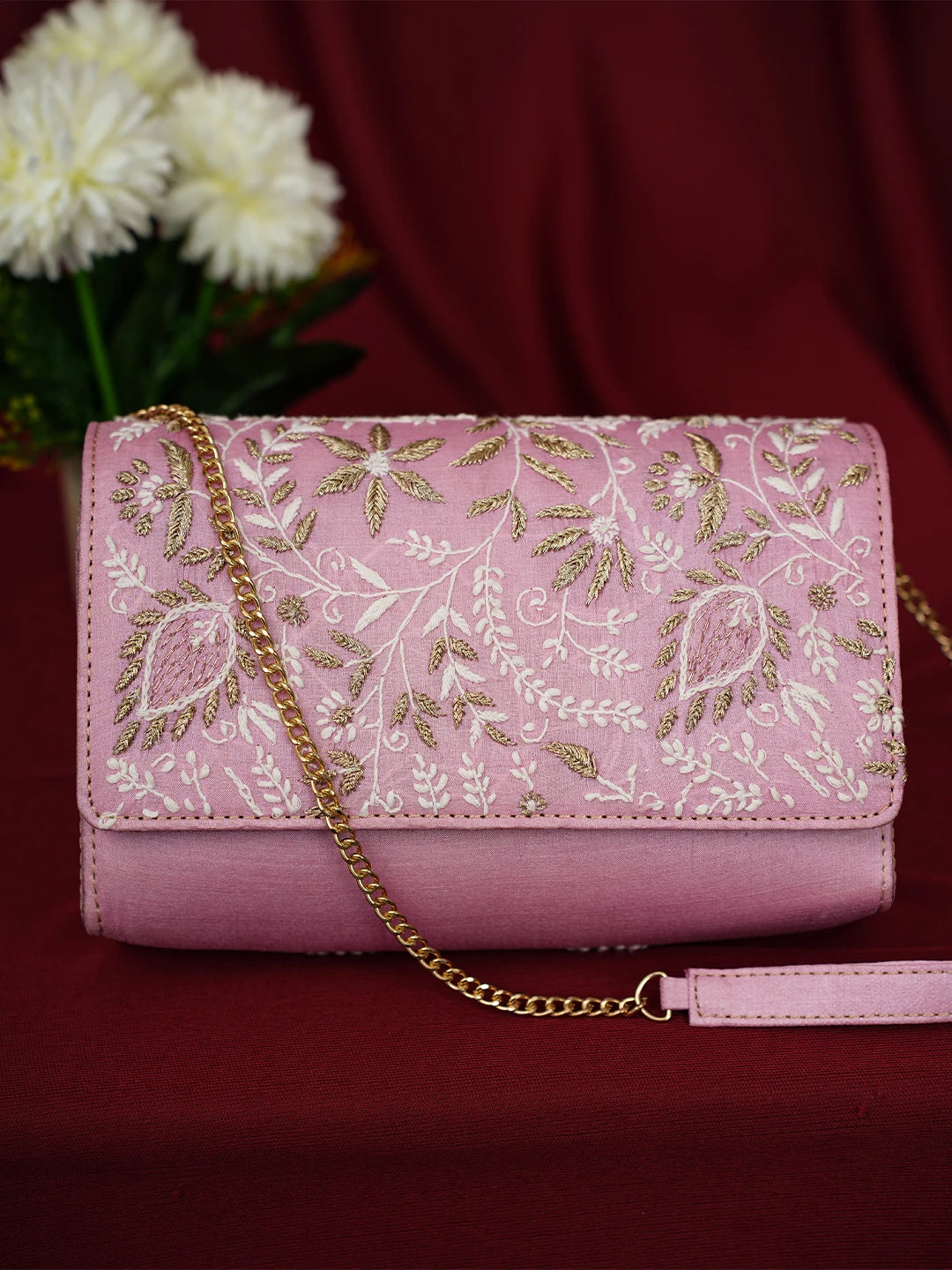 Ada Hand Embroidered Pink Silk Lucknowi Chikankari Clutch With Zari Work 01A685790