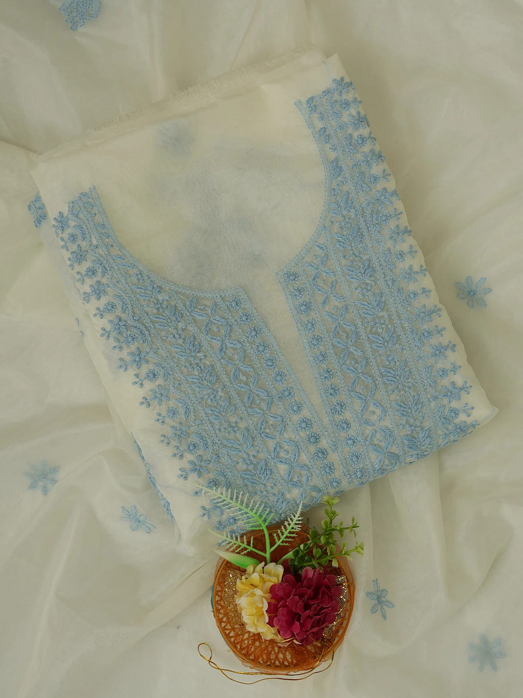 Ada Hand Embroidered White Organza Lucknowi Chikankari Unstitched Kurta Dupatta Set 01A718582