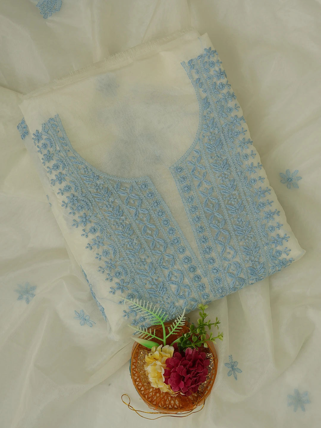 Ada Hand Embroidered White Organza Lucknowi Chikankari Unstitched Kurta Dupatta Set 01A718582