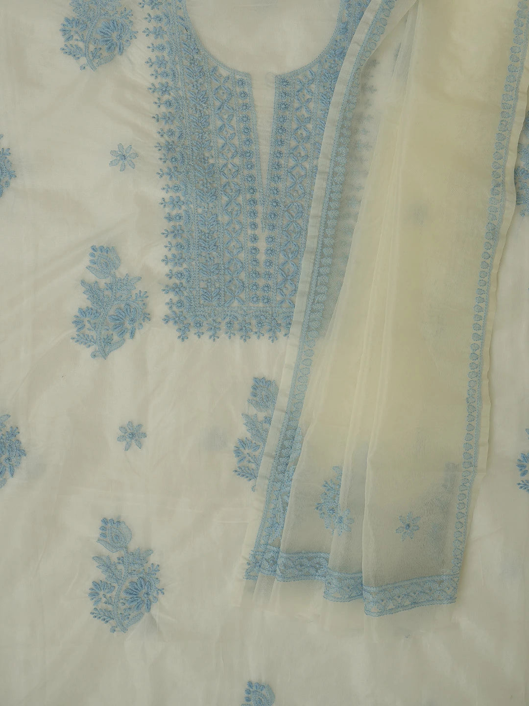 Ada Hand Embroidered White Organza Lucknowi Chikankari Unstitched Kurta Dupatta Set 01A718582