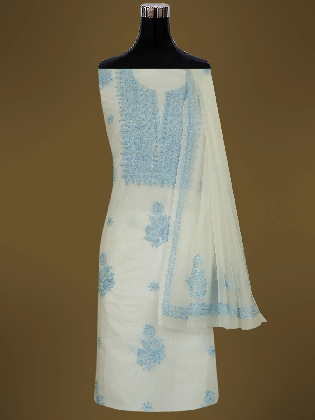 Ada Hand Embroidered White Organza Lucknowi Chikankari Unstitched Kurta Dupatta Set 01A718582