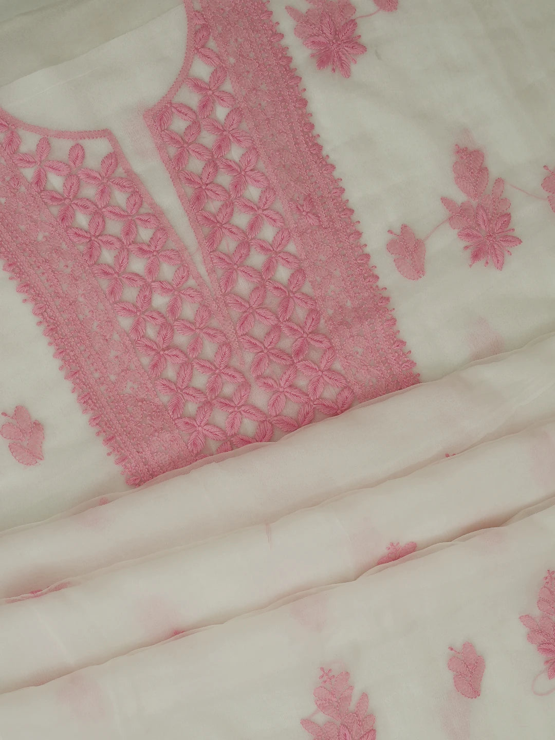 Ada Hand Embroidered White Organza Lucknowi Chikankari Unstitched Kurta Dupatta Set 01A718578