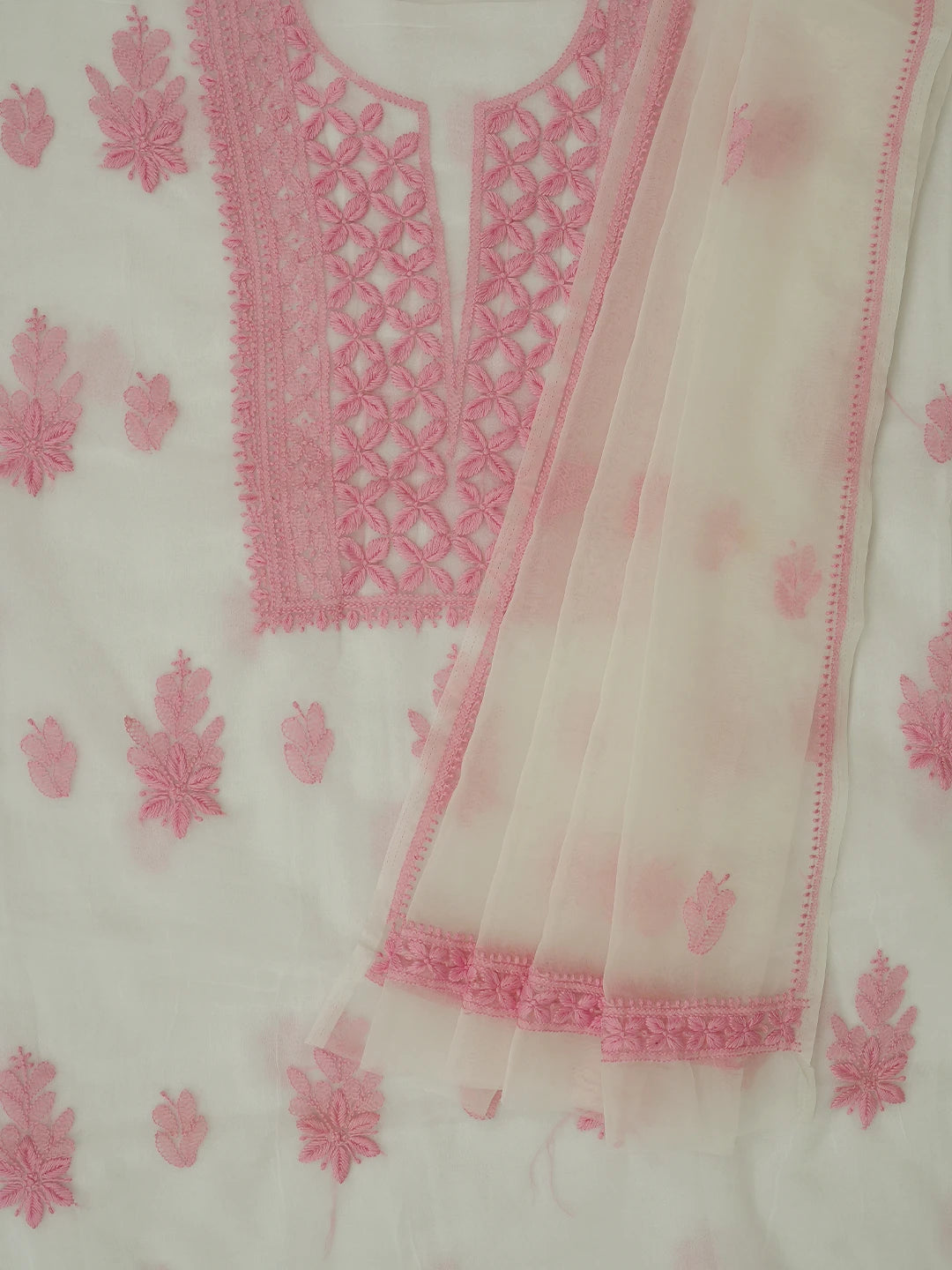 Ada Hand Embroidered White Organza Lucknowi Chikankari Unstitched Kurta Dupatta Set 01A718578