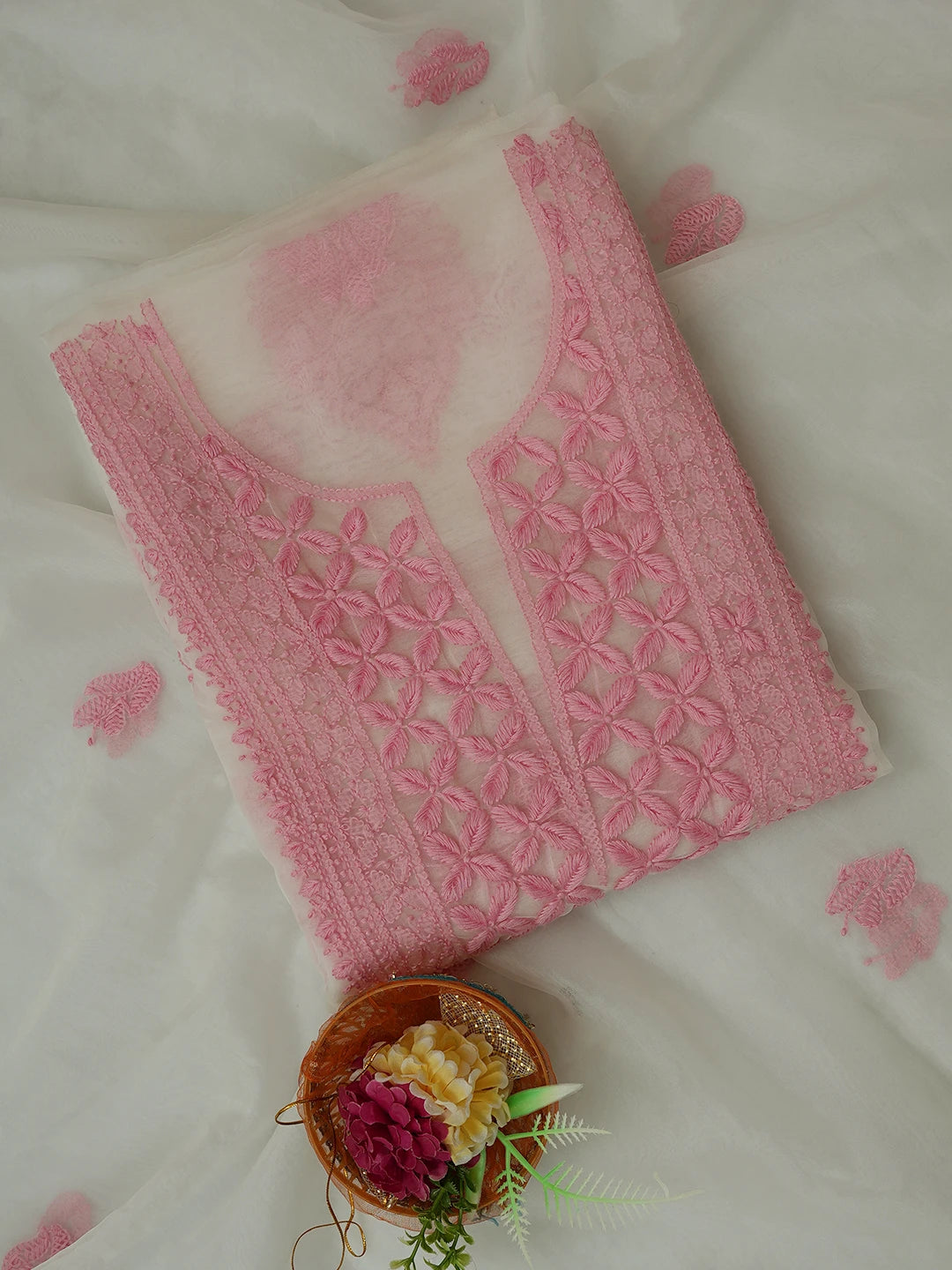 Ada Hand Embroidered White Organza Lucknowi Chikankari Unstitched Kurta Dupatta Set 01A718578