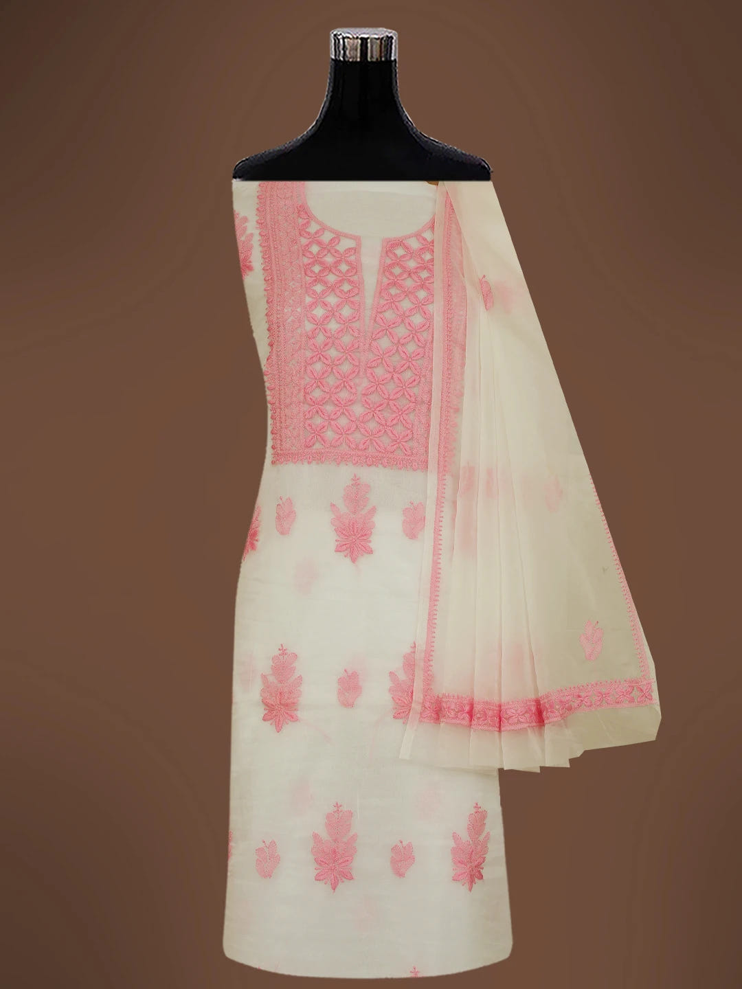 Ada Hand Embroidered White Organza Lucknowi Chikankari Unstitched Kurta Dupatta Set 01A718578