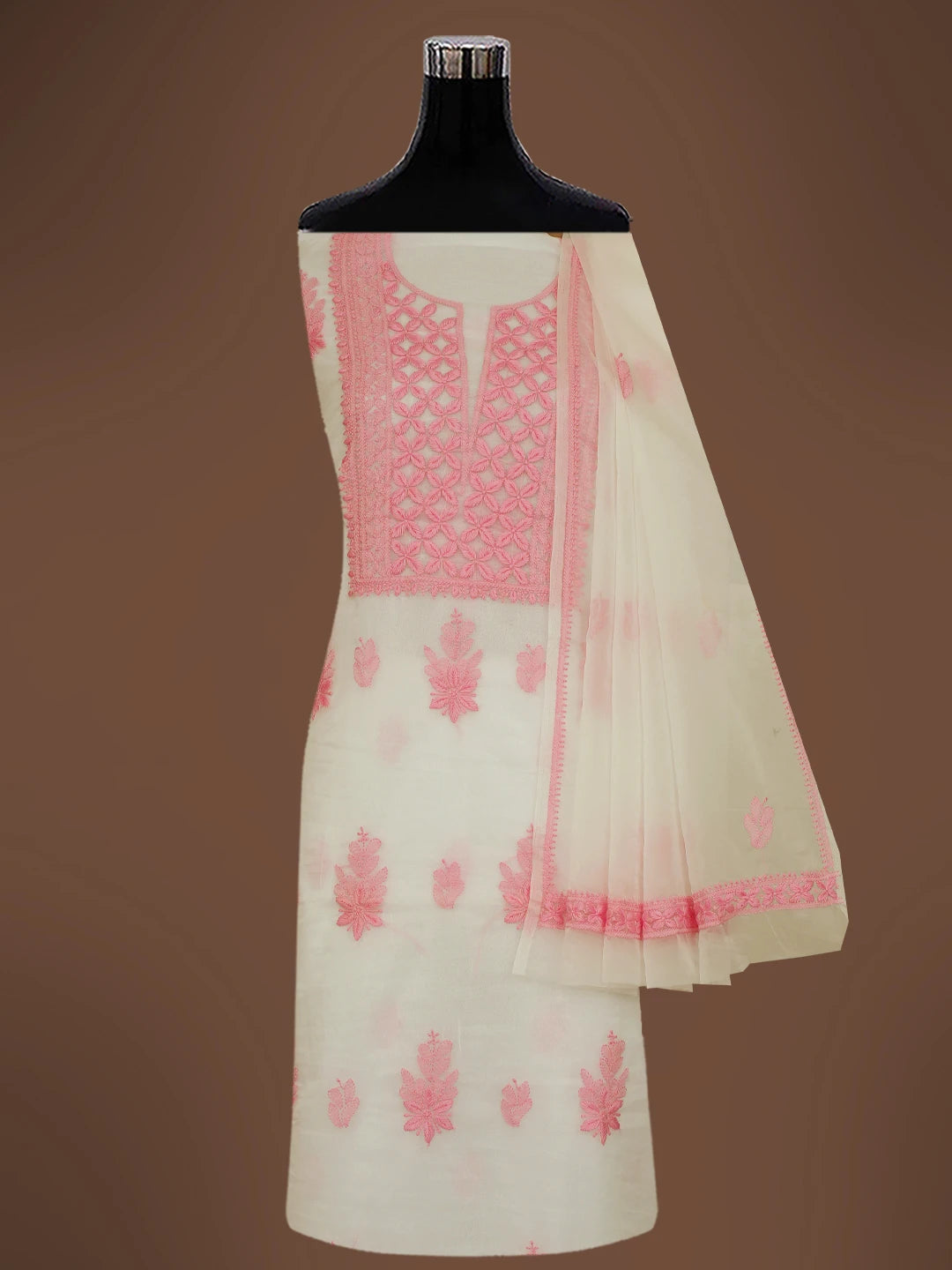 Ada Hand Embroidered White Organza Lucknowi Chikankari Unstitched Kurta Dupatta Set 01A718578