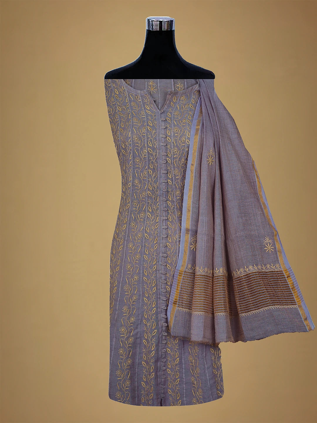 Ada Hand Embroidered Mauve Tissue Lucknowi Chikankari Semi-Stitched Anarkali Kurta Dupatta Set 01A662062