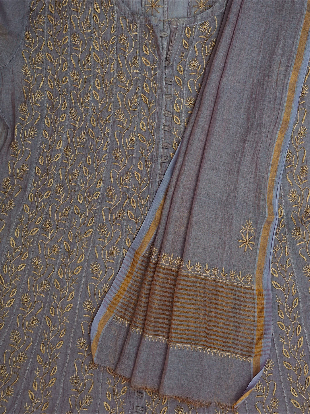 Ada Hand Embroidered Mauve Tissue Lucknowi Chikankari Semi-Stitched Anarkali Kurta Dupatta Set 01A662062