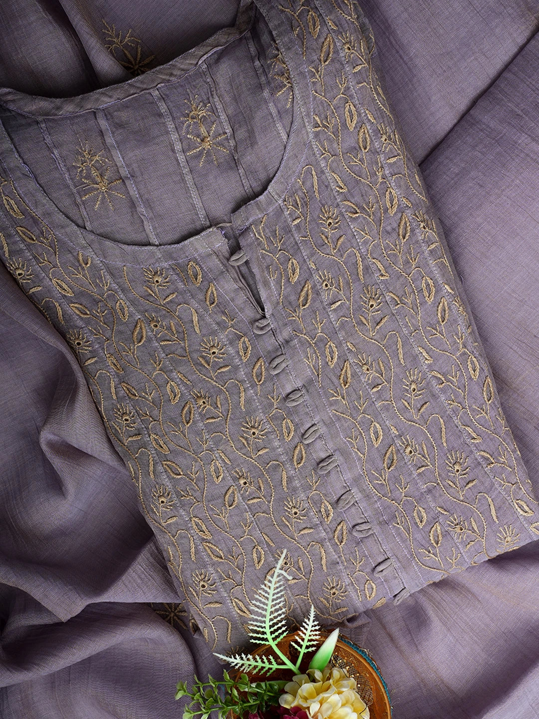 Ada Hand Embroidered Mauve Tissue Lucknowi Chikankari Semi-Stitched Anarkali Kurta Dupatta Set 01A662062