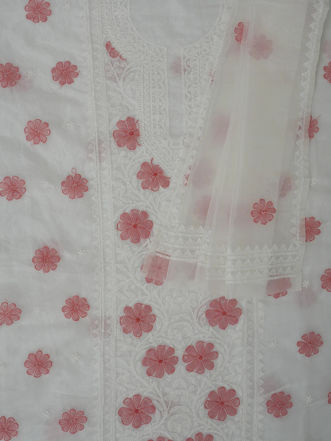 Ada Hand Embroidered White Organza Lucknowi Chikankari Unstitched Kurta Dupatta Set 01A718597