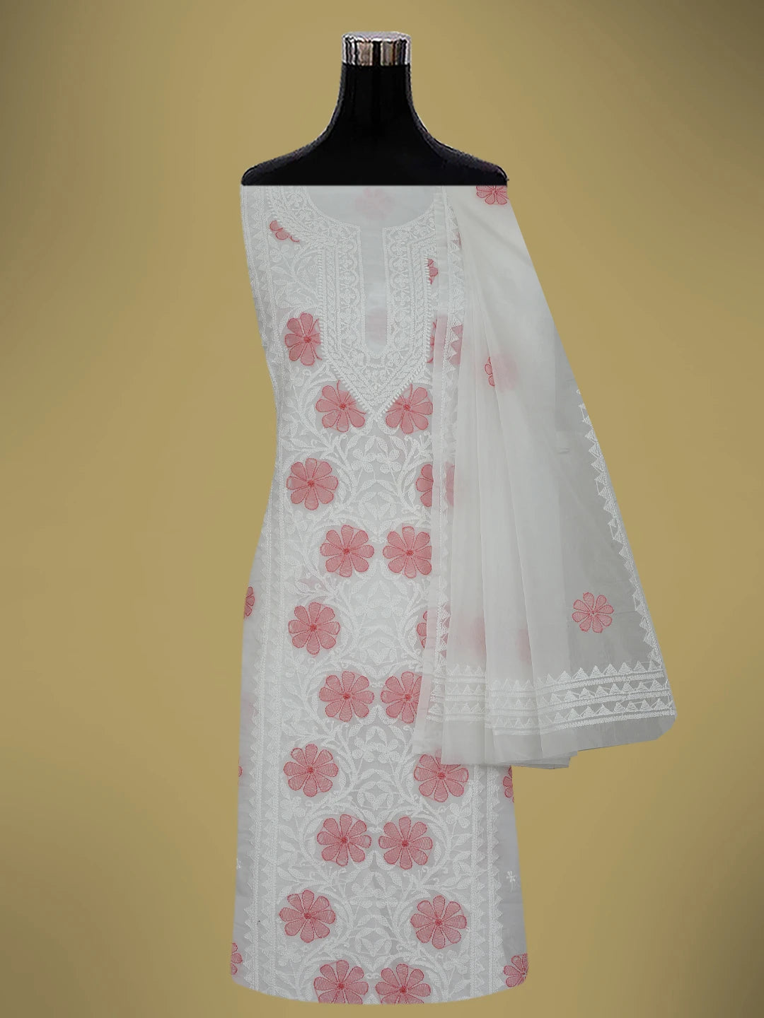 Ada Hand Embroidered White Organza Lucknowi Chikankari Unstitched Kurta Dupatta Set 01A718597