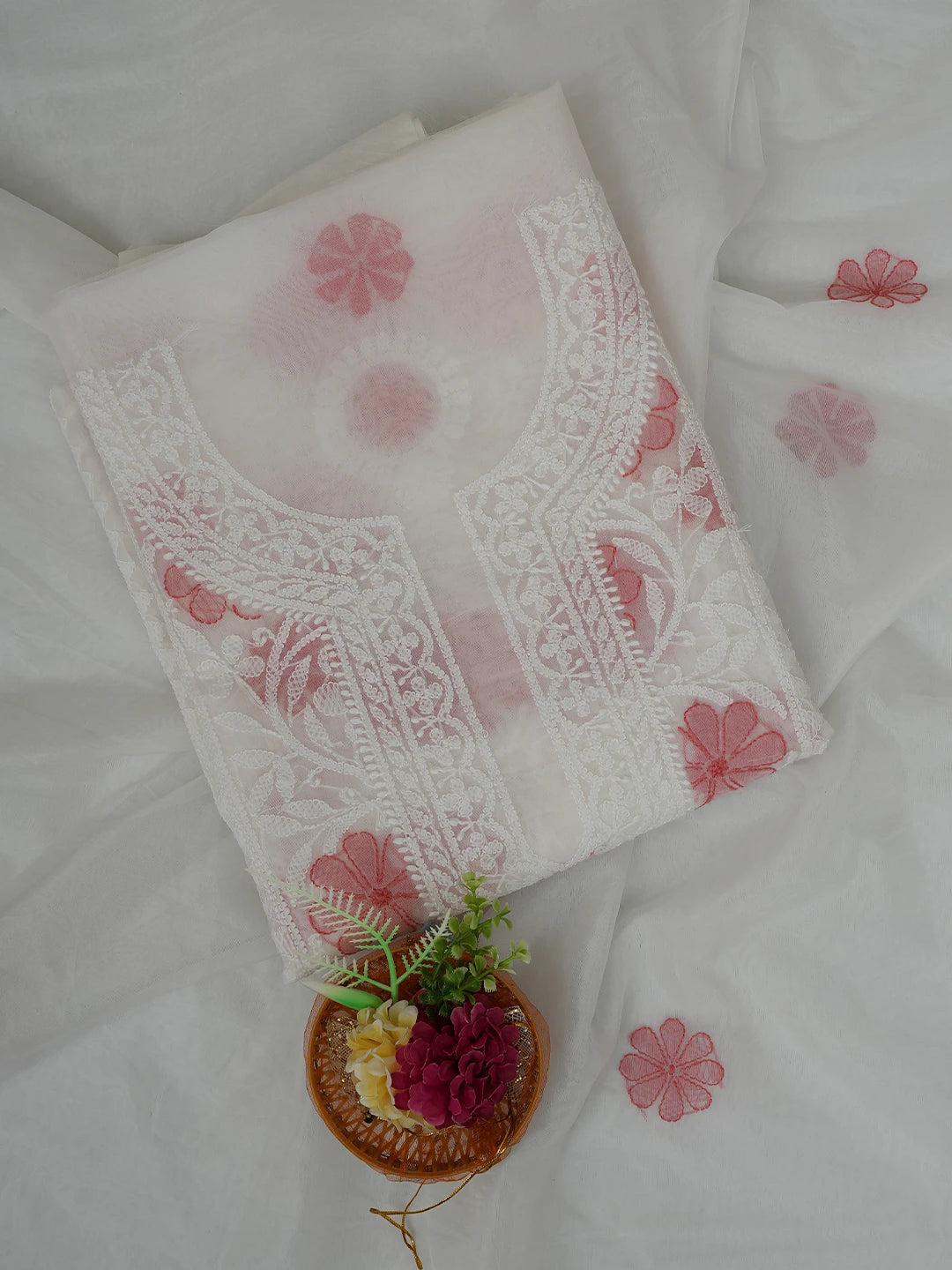 Ada Hand Embroidered White Organza Lucknowi Chikankari Unstitched Kurta Dupatta Set 01A718597