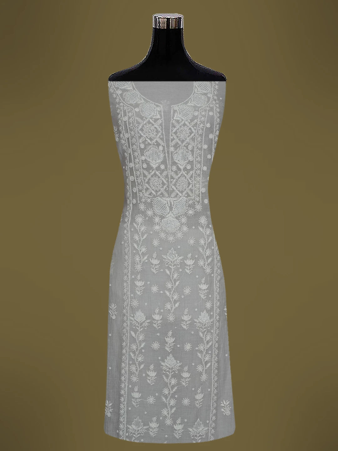 Ada Hand Embroidered Grey Chanderi Lucknowi Chikankari Semi-stitched Kurta Dupatta Set With Cutdana Work 01A700381