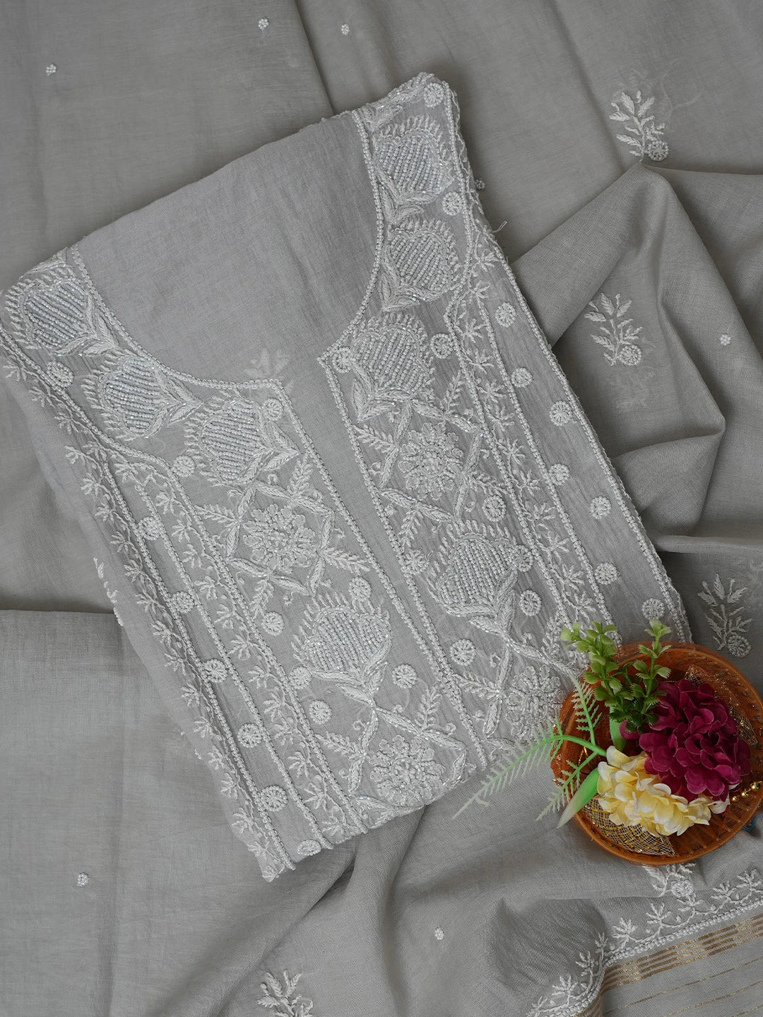 Ada Hand Embroidered Grey Chanderi Lucknowi Chikankari Semi-stitched Kurta Dupatta Set With Cutdana Work 01A700381