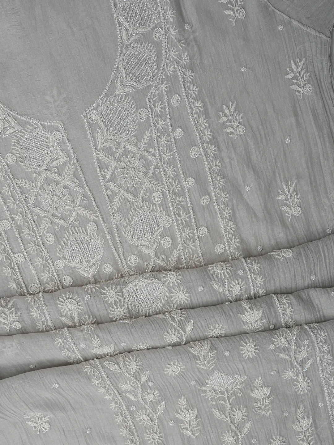 Ada Hand Embroidered Grey Chanderi Lucknowi Chikankari Semi-stitched Kurta Dupatta Set With Cutdana Work 01A700381