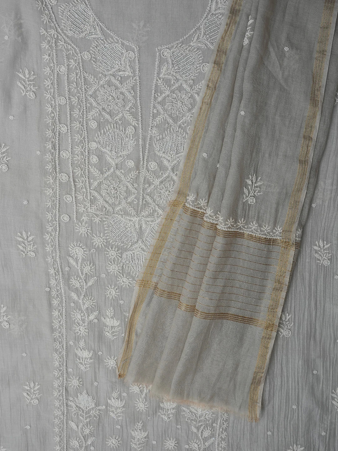 Ada Hand Embroidered Grey Chanderi Lucknowi Chikankari Semi-stitched Kurta Dupatta Set With Cutdana Work 01A700381