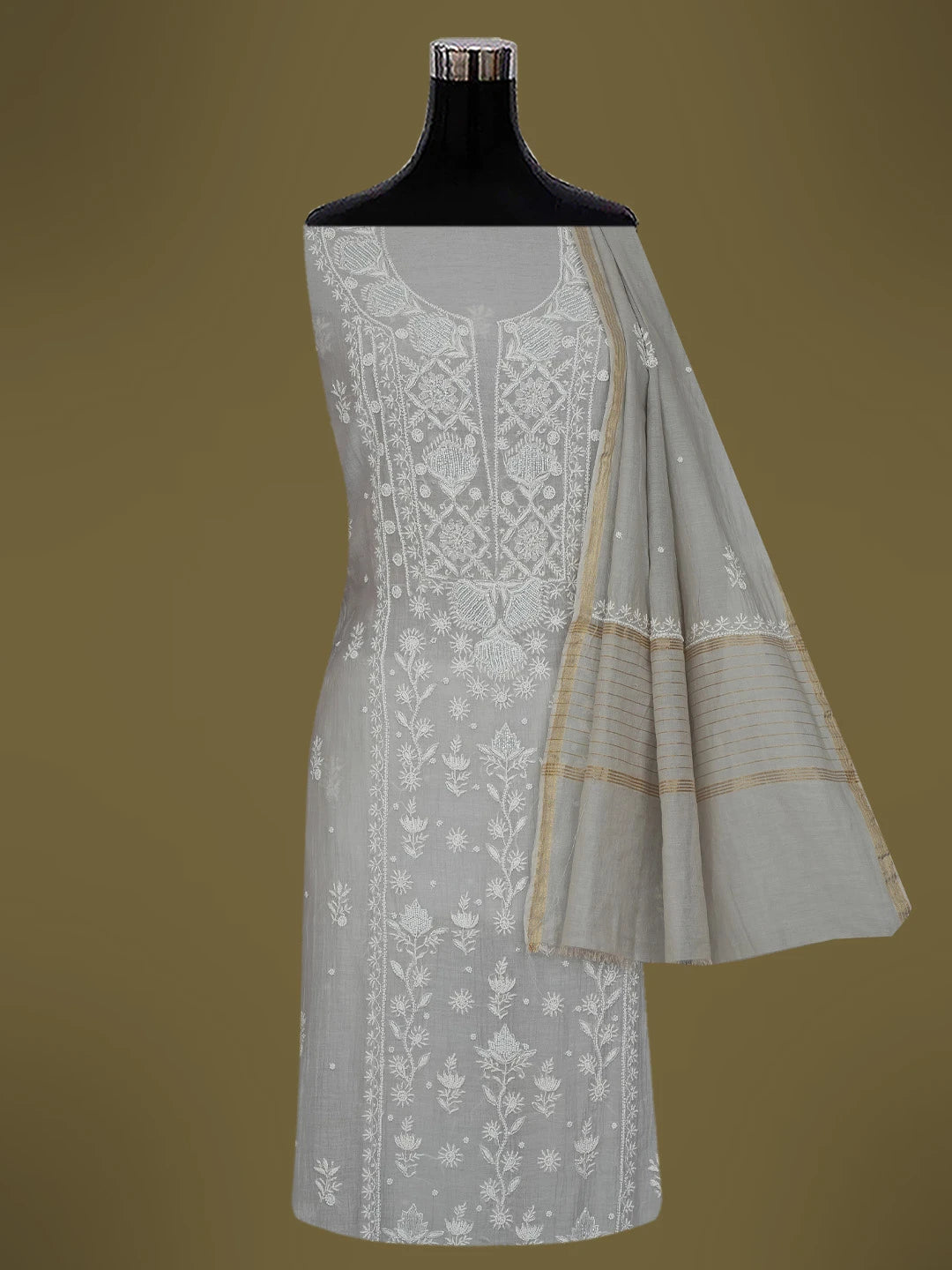 Ada Hand Embroidered Grey Chanderi Lucknowi Chikankari Semi-stitched Kurta Dupatta Set With Cutdana Work 01A700381