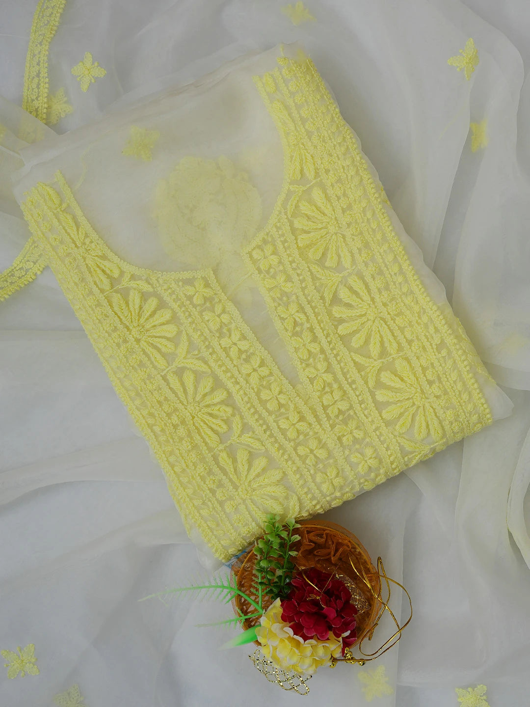 Ada Hand Embroidered White Organza Lucknowi Chikankari Unstitched Kurta Dupatta Set 01A718571