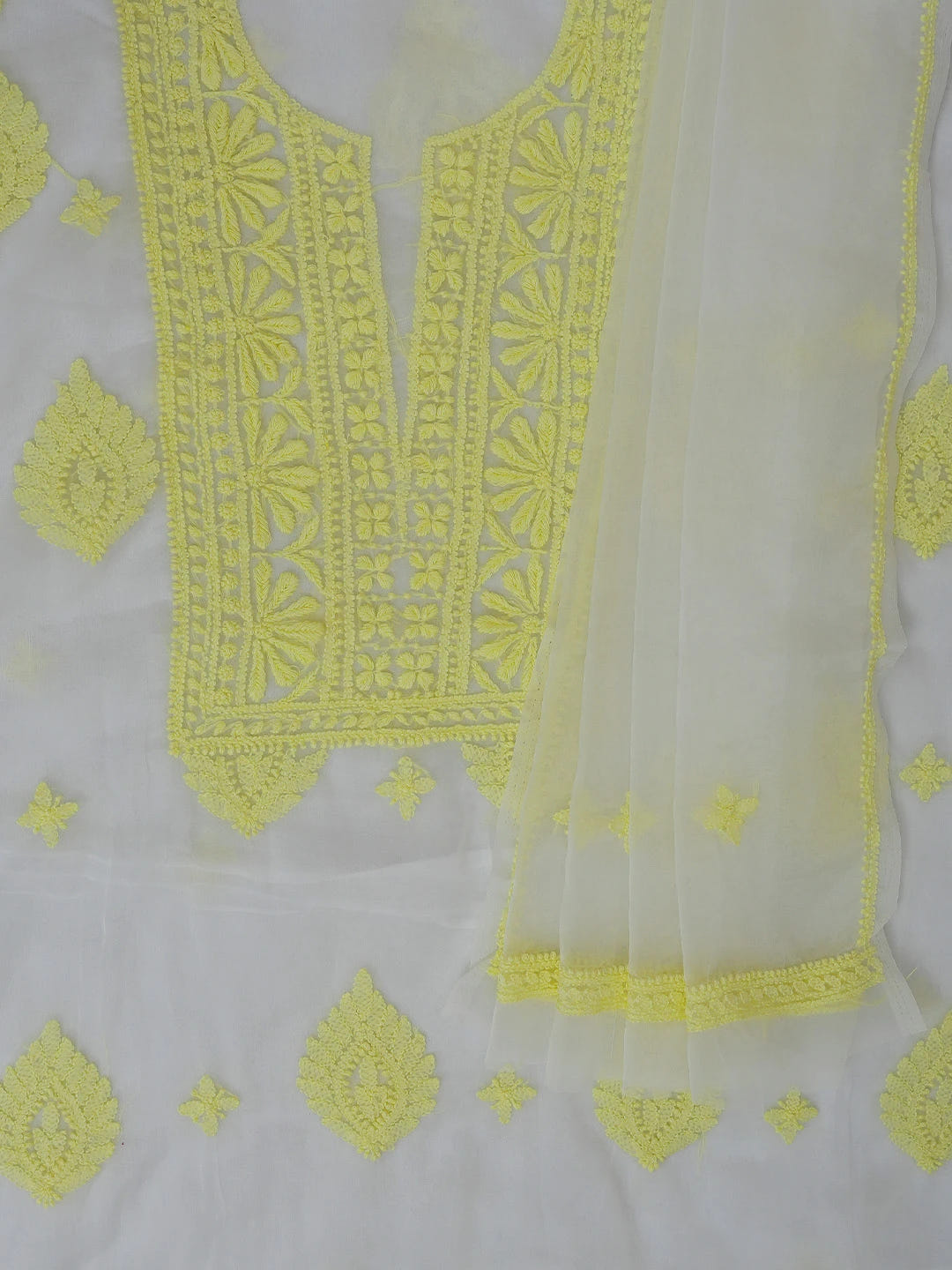 Ada Hand Embroidered White Organza Lucknowi Chikankari Unstitched Kurta Dupatta Set 01A718571