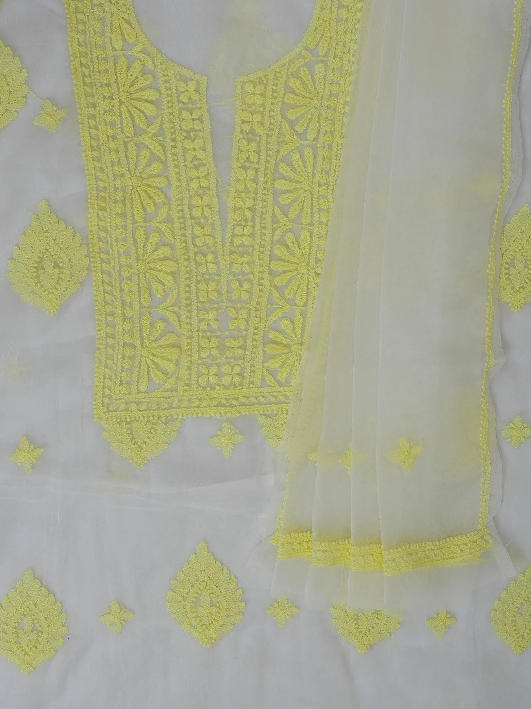 Ada Hand Embroidered White Organza Lucknowi Chikankari Unstitched Kurta Dupatta Set 01A718571
