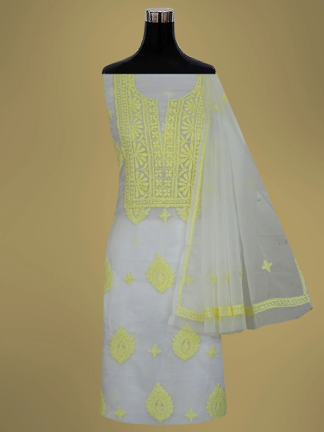 Ada Hand Embroidered White Organza Lucknowi Chikankari Unstitched Kurta Dupatta Set 01A718571