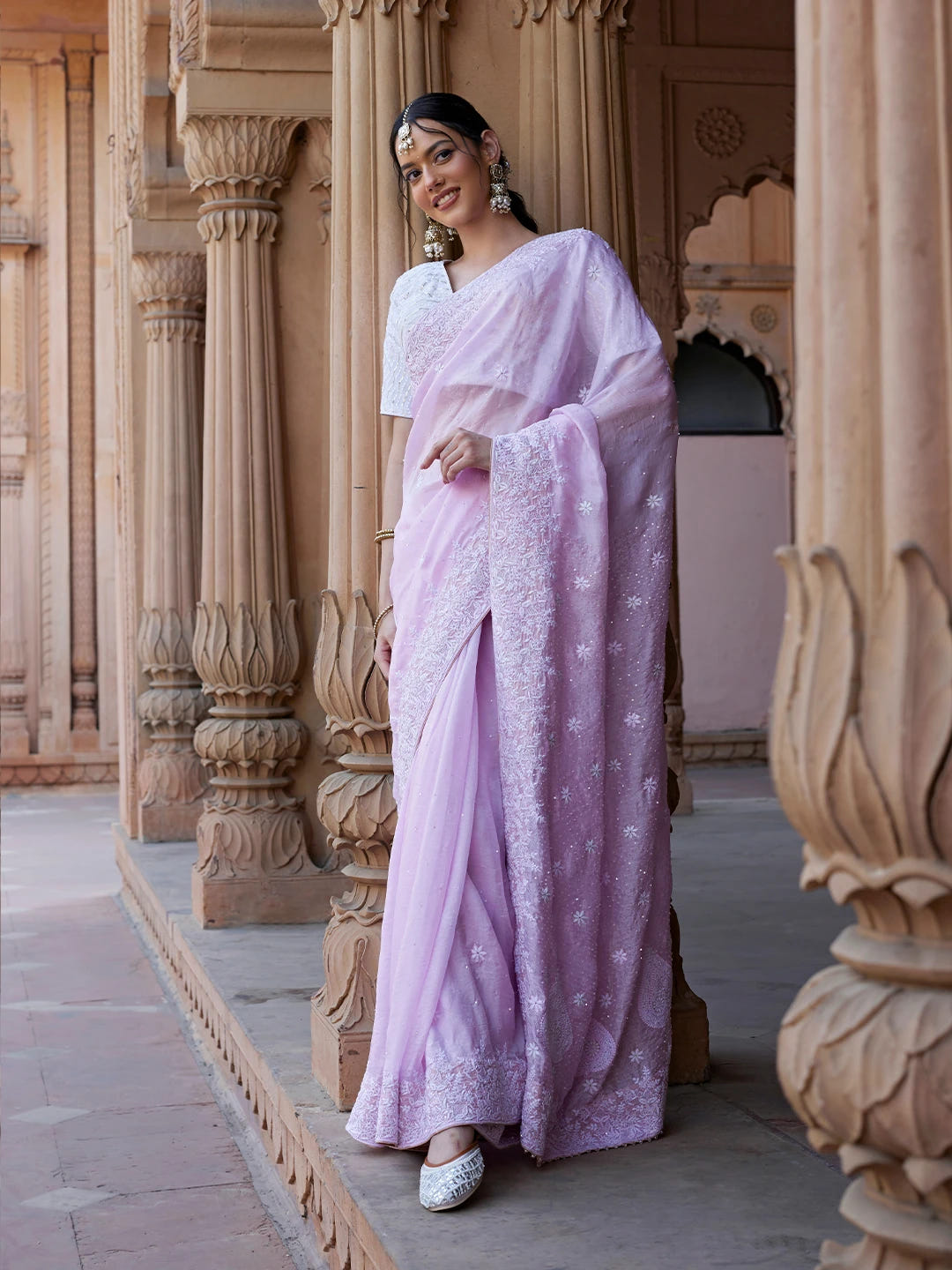 Ada Hand Embroidered Pink Organza Lucknowi Chikankari Saree and Blouse With Sequins Work 01A628014