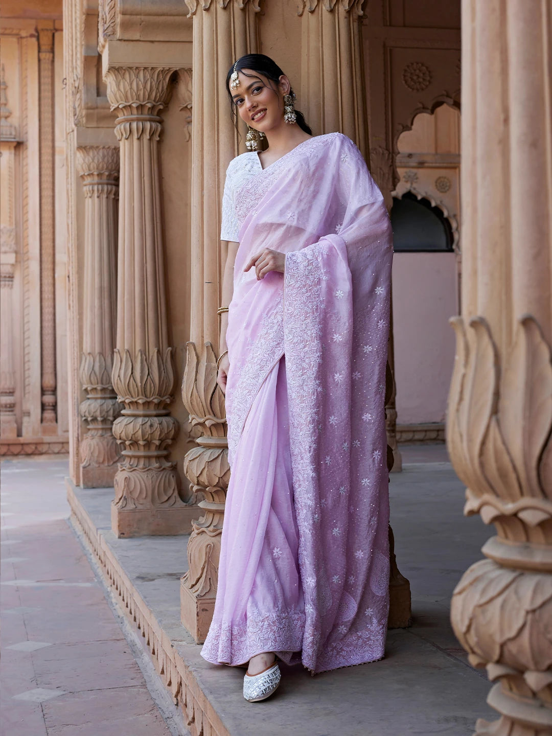 Ada Hand Embroidered Pink Organza Lucknowi Chikankari Saree and Blouse With Sequins Work 01A628014