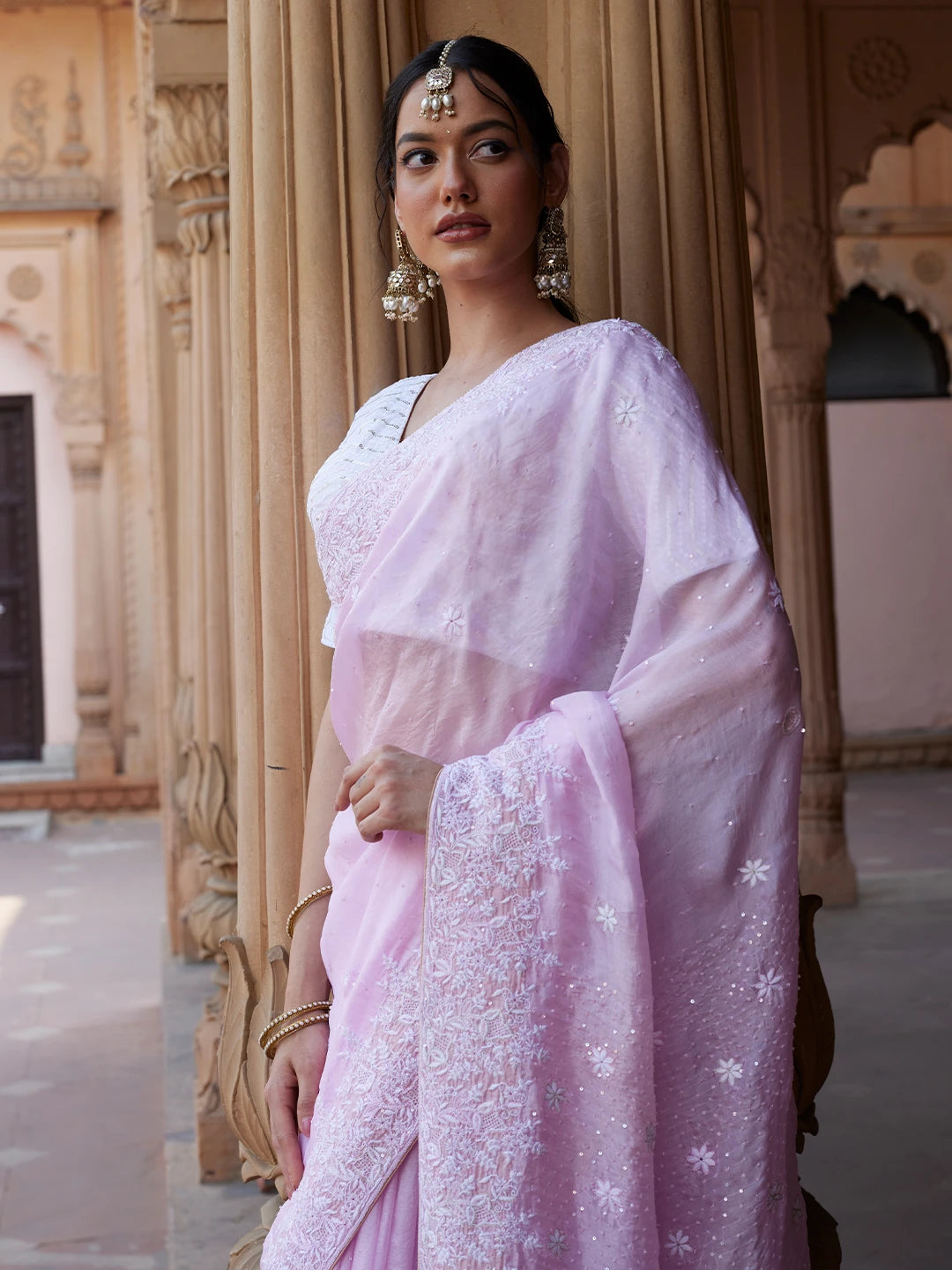 Ada Hand Embroidered Pink Organza Lucknowi Chikankari Saree and Blouse With Sequins Work 01A628014